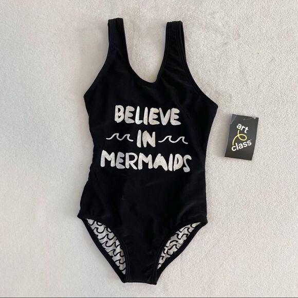 Art Class Girls Black White Waves Believe in Mermaids One Piece Swim Girls XS - Picture 1 of 6
